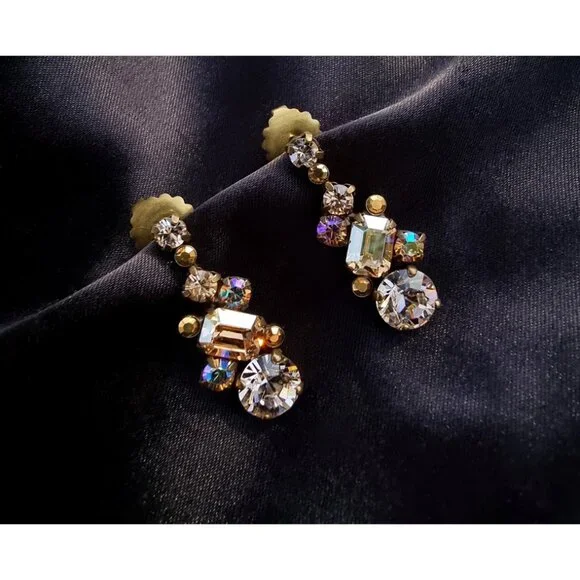 Vintage SORRELLI Dark Amber Yellow Rhinestones Bronze Toned Earrings - Picture 4 of 4